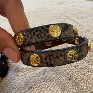 Tory Burch Gold and Black Leather Wrap Bracelet